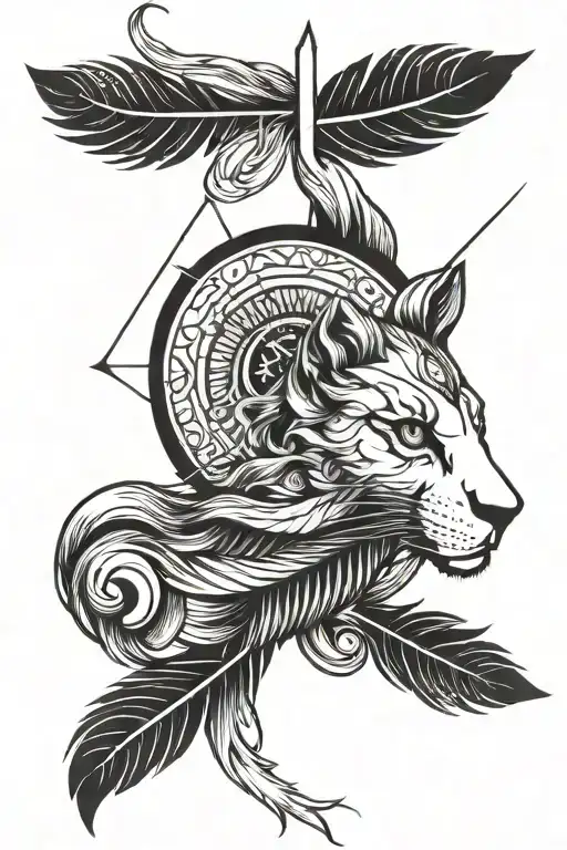 one arrow center it bifurcate hallf right side lionface and  peacock feathers tattoo design idea