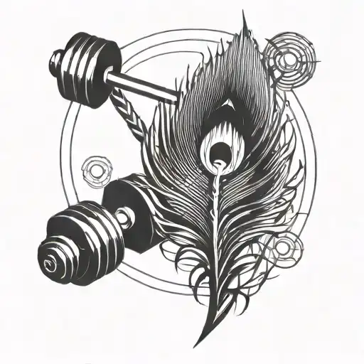 A geometric peacock feather intertwined with barbells and dumbbells tattoo design idea