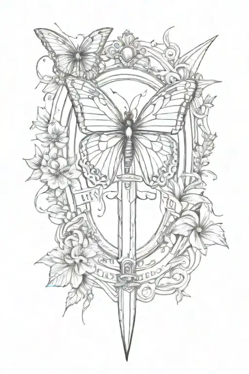 Butterfly, inscription, dagger, Gothic, mirror frame, fine lines, tattoo on the arm, thorns tattoo design idea