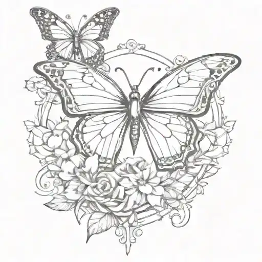 Butterfly, inscription, flower, dagger, Gothic, mirror frame, fine lines. tattoo design idea