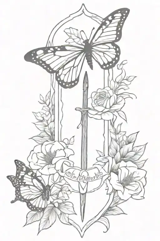 Butterfly, inscription, flower, dagger, Gothic, mirror frame, fine lines, tattoo on the arm tattoo design idea