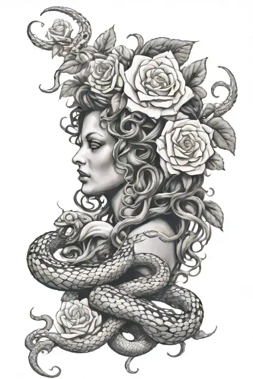 Medusa and snakes and roses growing tattoo design idea