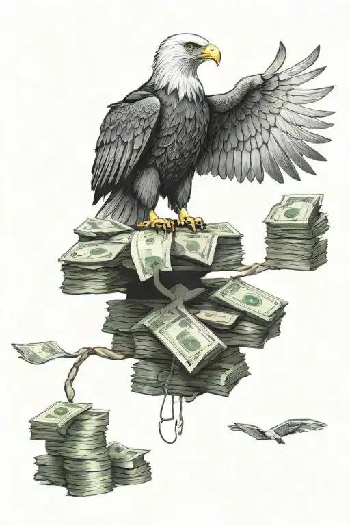 Create a tattoo of a majestic eagle perched on a stack of money to represent success and hustle tattoo design idea