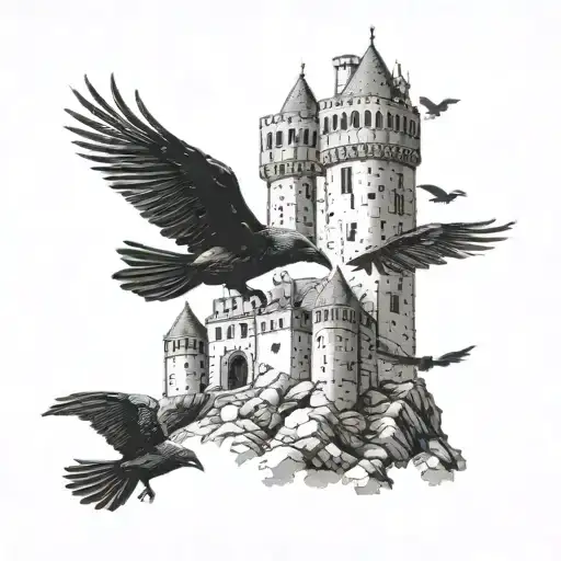 A medieval castle with crows flying above in a dotwork style tattoo design idea