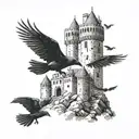 A medieval castle with crows flying above in a dotwork style tattoo design idea