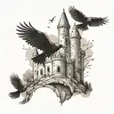 A medieval castle with crows flying above in a dotwork style tattoo design idea