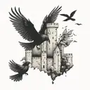 A medieval castle with crows flying above in a dotwork style tattoo design idea