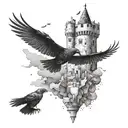 A medieval castle with crows flying above in a dotwork style tattoo design idea