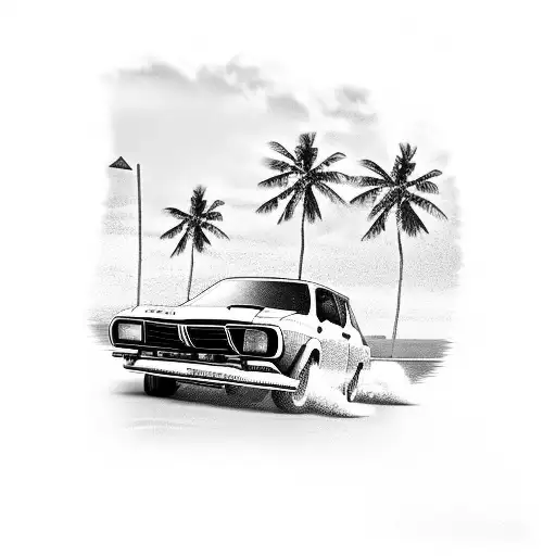 A black-grey tattoo of a Ford Escort rally car drifting on a beach in Barbados, with palm trees in the background. tattoo design idea
