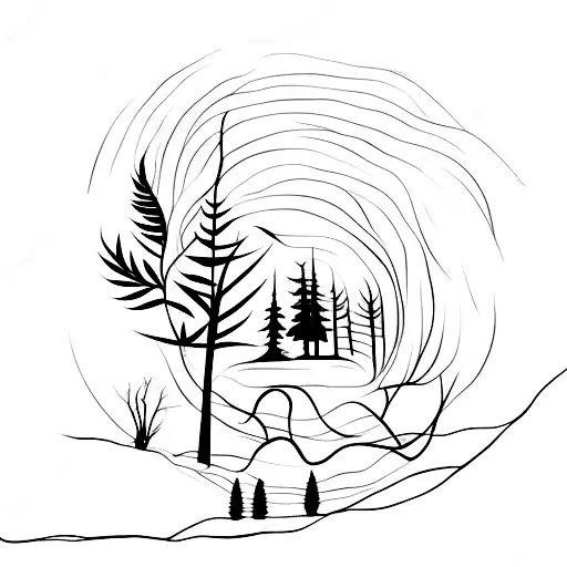 A minimalist tattoo of a solitary tree in a serene nature setting, reflecting solitude and peace tattoo design idea