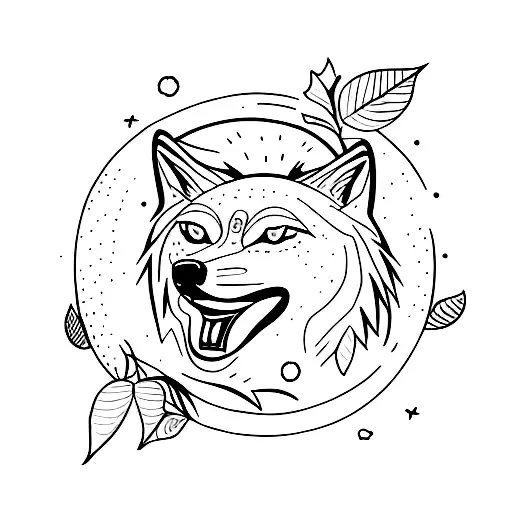 A minimalist tattoo of a wolf howling at the moon surrounded by leaves in autumn colors tattoo design idea