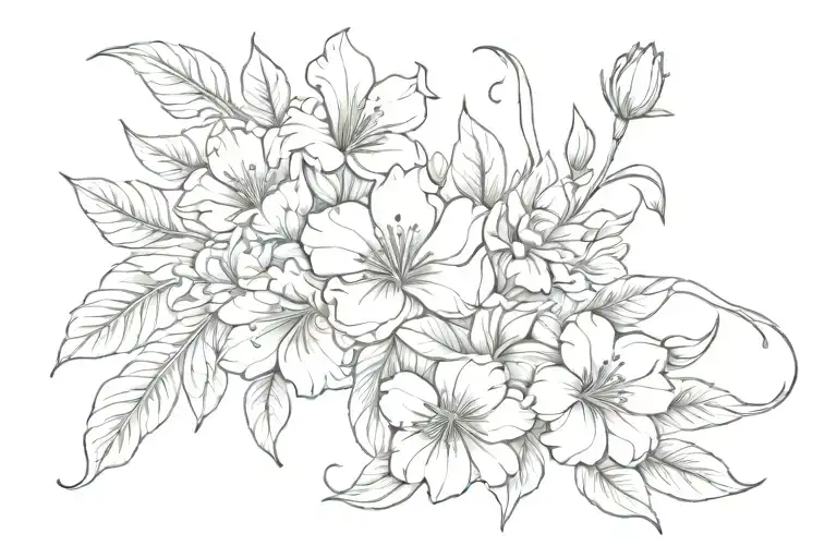 horizontal linear tattoo with vines, leaves, peonies, scarlet pimpernels, tulips, and hibiscus tattoo design idea