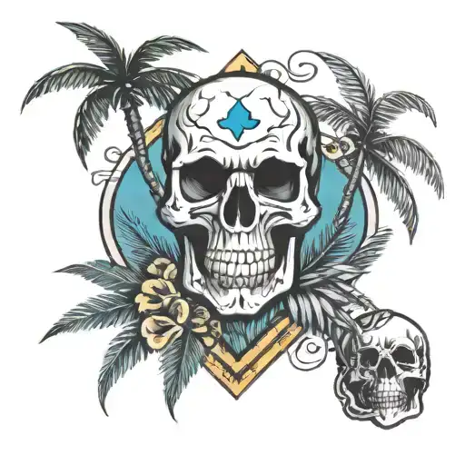 hour glsss, skull, love heart, palm tree tattoo design idea