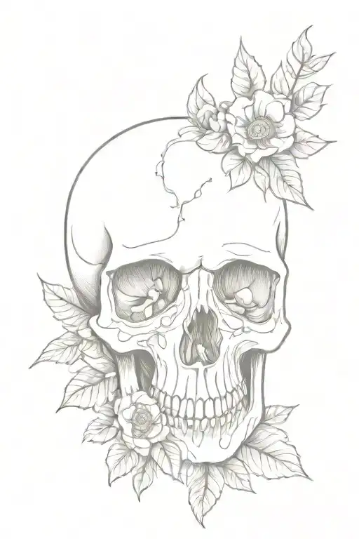 skull loooking sideways with flowers and leafs growing there the eye and nose holes  tattoo design idea