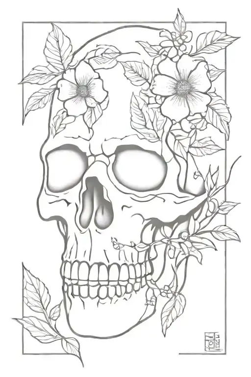 skull loooking sideways with flowers and leafs growing there the eye and nose holes  tattoo design idea