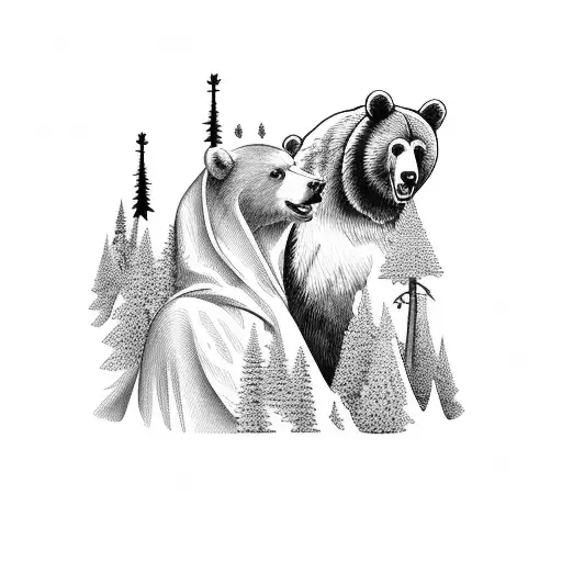 Virgin Mary in a pine forest with a bear shadow shape  tattoo design idea