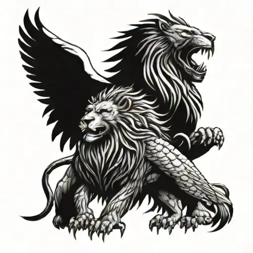 An intricate design of a lion and eagle engaged in a fierce battle, symbolizing strength and power in MMA and bodybuilding tattoo design idea