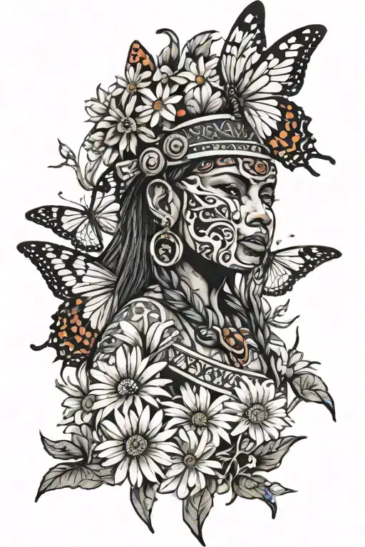 Mayan warrior, butterfly and daisies  tattoo design idea