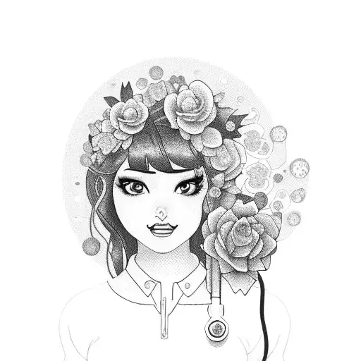 curvy girl wearing a stethoscope, long hair, glitter, flowers tattoo design idea