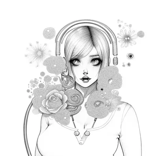 curvy girl wearing a stethoscope, long hair, glitter, flowers tattoo design idea