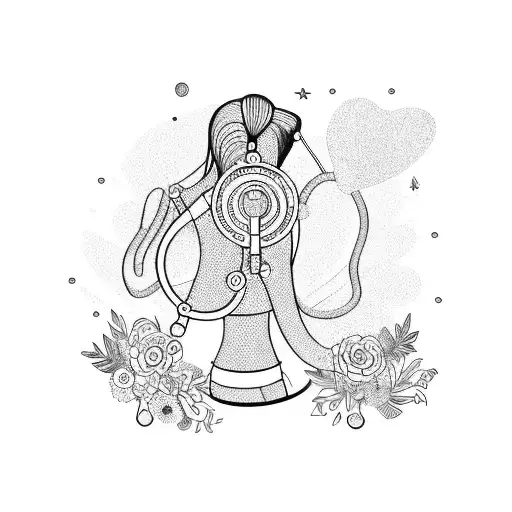 curvy girl body wearing a stethoscope, long hair, glitter, flowers tattoo design idea