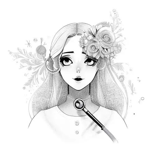 curvy girl wearing a stethoscope, long hair, glitter, flowers tattoo design idea
