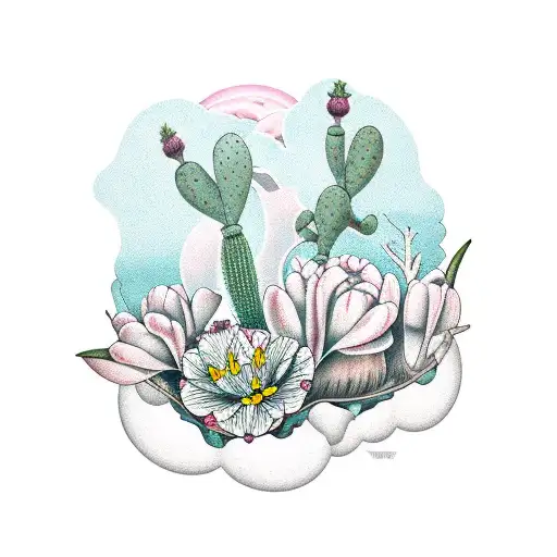 tulip poplar flower, strangler fig, prickly pear cactus upper arm sleeve tattoo design idea