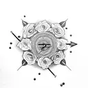 indian aiming an arrow surrounded by roses tattoo design idea