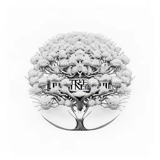 tree of life surrounded by buildings tattoo design idea