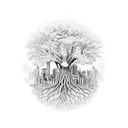 tree of life surrounded by buildings tattoo design idea