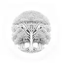 tree of life surrounded by buildings tattoo design idea