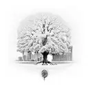 tree of life surrounded by buildings tattoo design idea