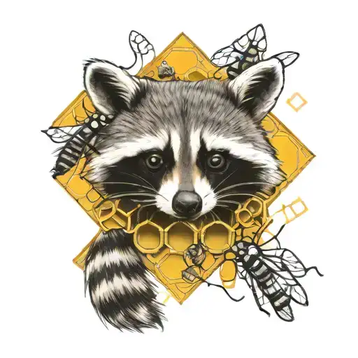 raccoon honeycomb pattern and honeybee tattoo design idea