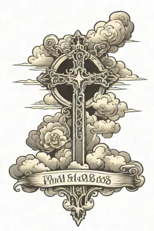 psalm 118:14 verse with a cross and background clouds tattoo design idea