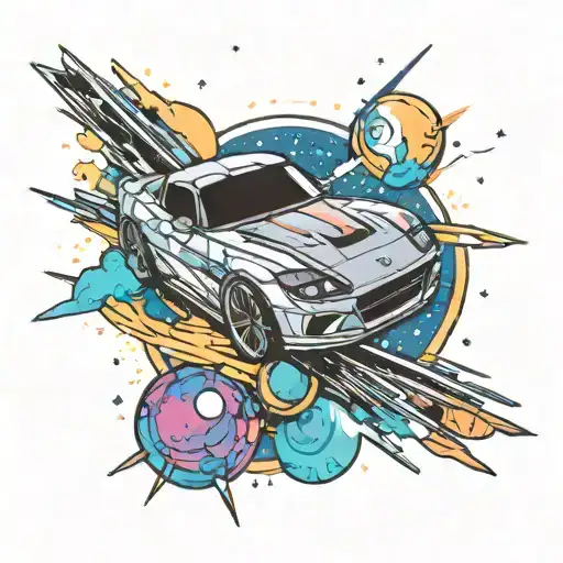 A sleek sports car speeding through a cosmic landscape tattoo design idea