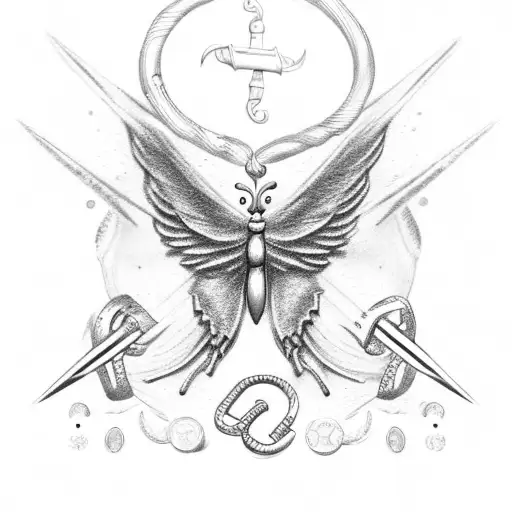 horse shoe, with angle wings and anchor tied and butterfly's with coins falling  tattoo design idea