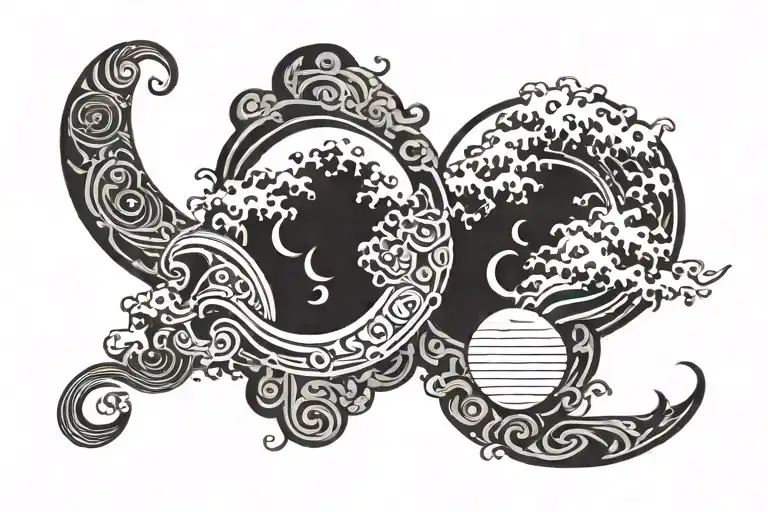 Create a tattoo design with a Japanese wave, sun and moon  tattoo design idea