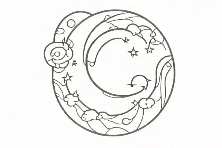 Create a minimalist tattoo design with a Japanese wave, sun and moon theme with geometric shapes tattoo design idea