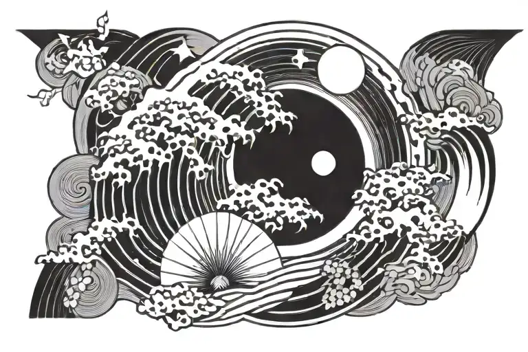 Create a tattoo design with a Japanese wave, sun and moon theme with geometric shapes tattoo design idea