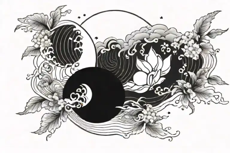 Create a minimalist tattoo design with a Japanese wave, sun and moon theme with geometric shapes tattoo design idea