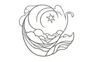 Create a minimalist tattoo design with a Japanese wave, sun and moon theme with geometric shapes tattoo design idea
