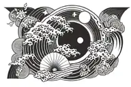 Create a tattoo design with a Japanese wave, sun and moon theme with geometric shapes tattoo design idea