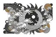 Create a tattoo design with a Japanese wave, sun and moon theme with geometric shapes tattoo design idea
