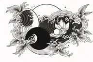 Create a minimalist tattoo design with a Japanese wave, sun and moon theme with geometric shapes tattoo design idea