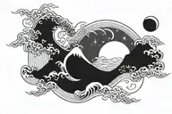 Create a minimalist tattoo design with a Japanese wave, sun and moon theme with geometric shapes tattoo design idea