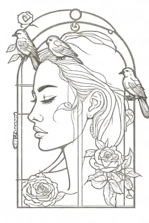 Woman face with roses in her hair with a tear on her cheek within a bird cage with the door open holding a bird tattoo design idea