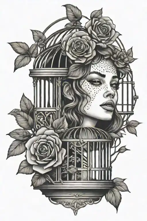Design a (((minimalist linework tattoo))) of a woman's face with roses in her hair in a bird cage with the door open  tattoo design idea