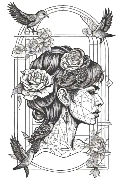 Woman face with roses in her hair with a tear on her cheek within a bird cage with the door open holding a bird tattoo design idea