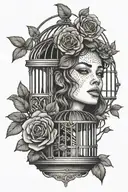Design a (((minimalist linework tattoo))) of a woman's face with roses in her hair in a bird cage with the door open  tattoo design idea
