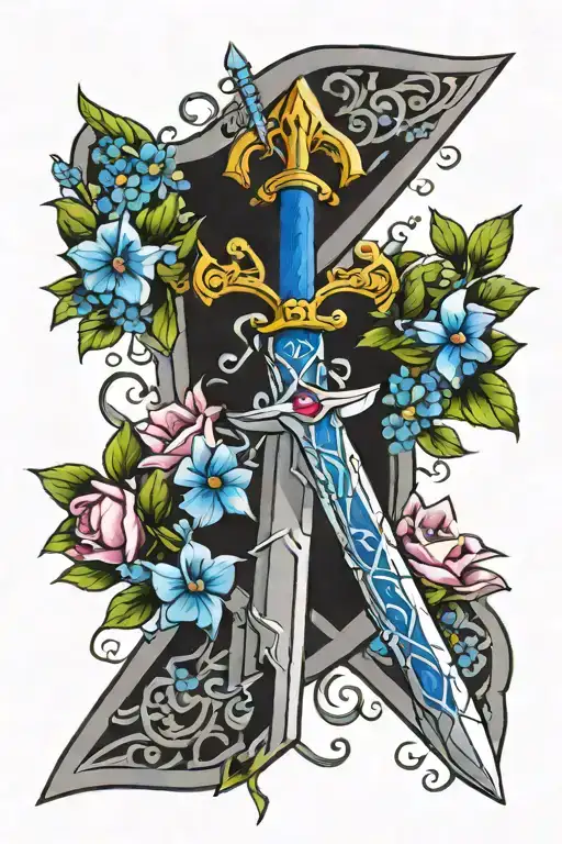 zelda master sword with blue bonnet flowers intertwined tattoo design idea
